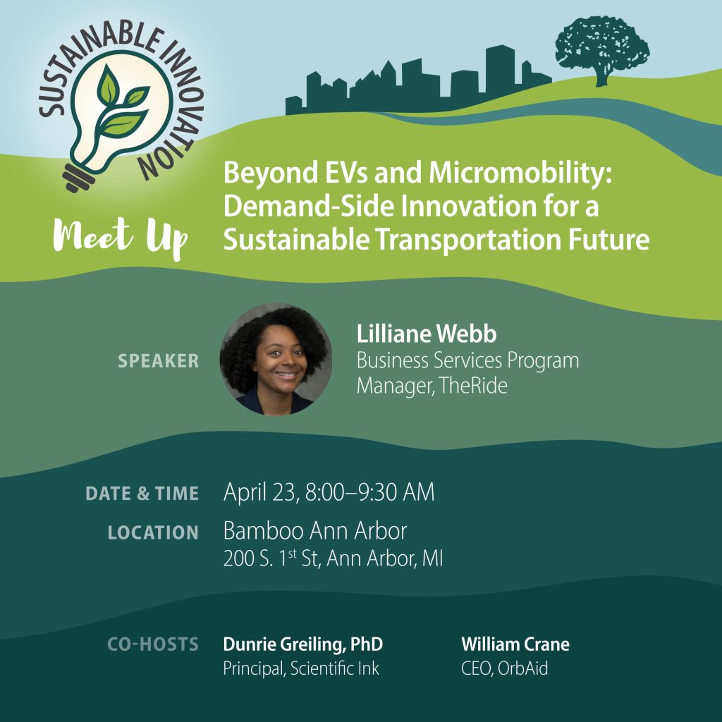 Flyer for “Beyond EVs and Micromobility,” a sustainable transportation event in Ann Arbor featuring Lilliane Webb of TheRide and getDowntown on April 23 at Bamboo Ann Arbor.